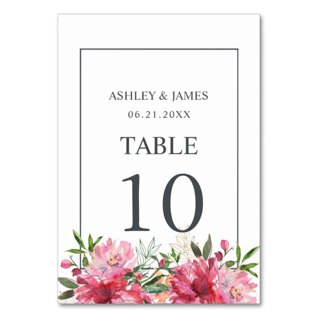 Ruby Pink Peony Floral Botanical Wedding Table Number (Front)