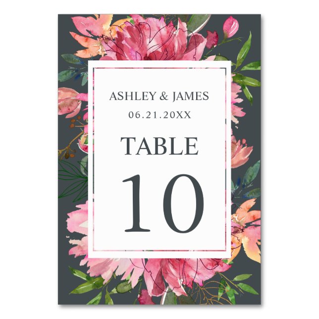 Ruby Pink Peony Floral Botanical Wedding Table Number (Front)