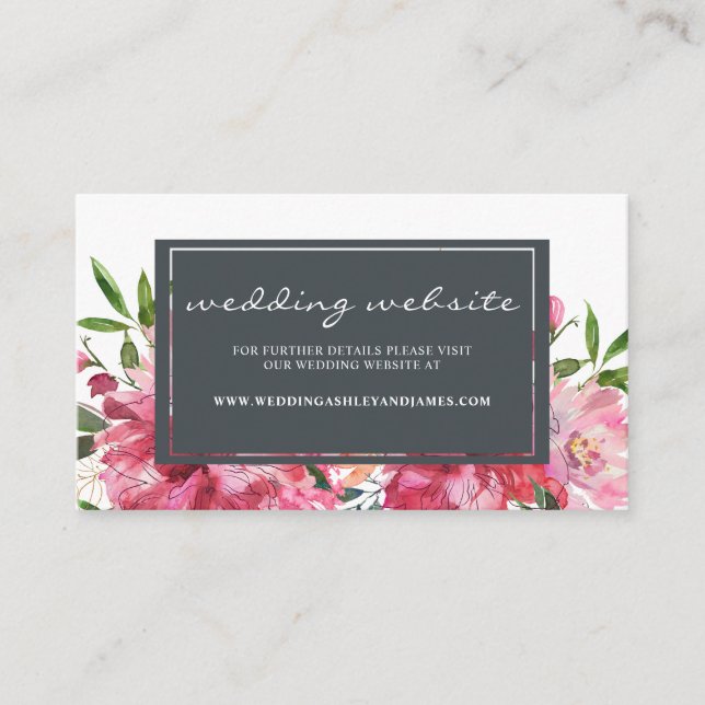 Ruby Pink Peony Floral Botanical Wedding Website Enclosure Card (Front)