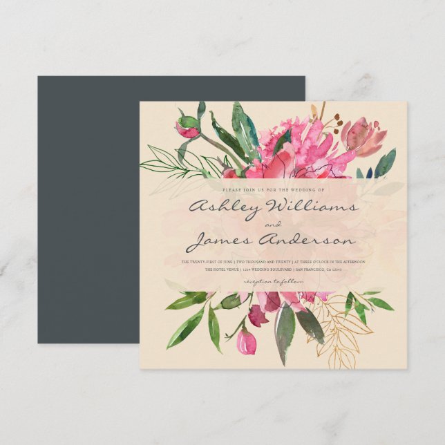 Ruby Pink Peony Floral Bouquet Ivory Wedding Invitation (Front/Back)
