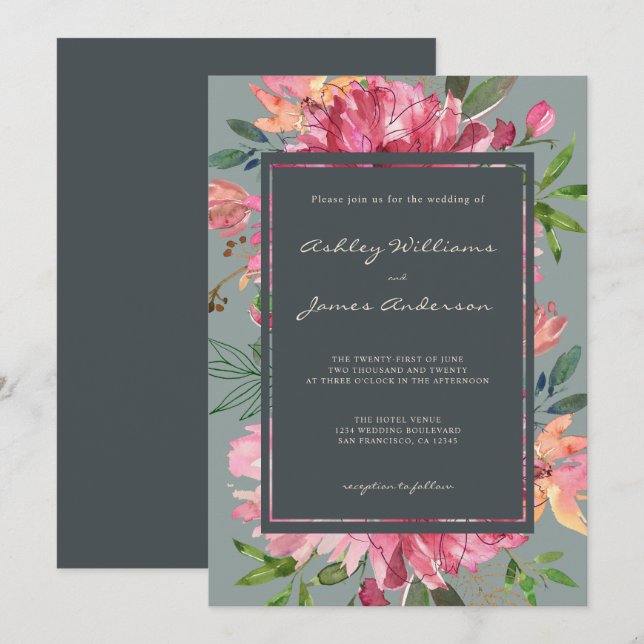 Ruby Pink Peony Floral Green Wedding Invitation (Front/Back)
