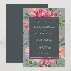 Ruby Pink Peony Floral Green Wedding Invitation