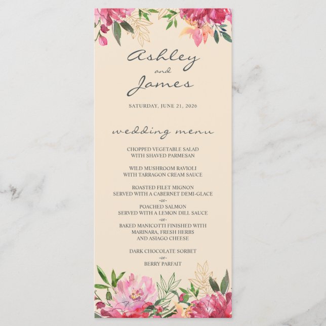 Ruby Pink Peony Floral Ivory Wedding Menu (Front)
