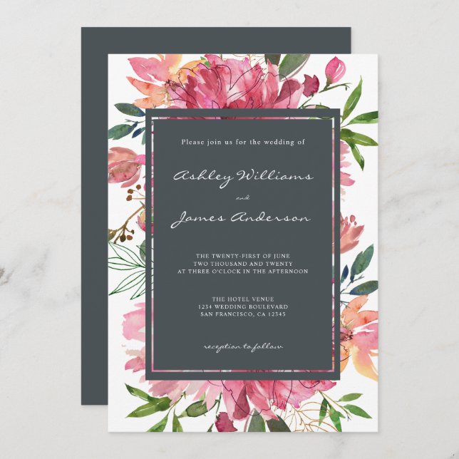 Ruby Pink Peony Floral Wedding Invitation (Front/Back)