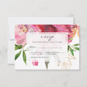 Ruby Pink Peony Floral Wedding RSVP Card