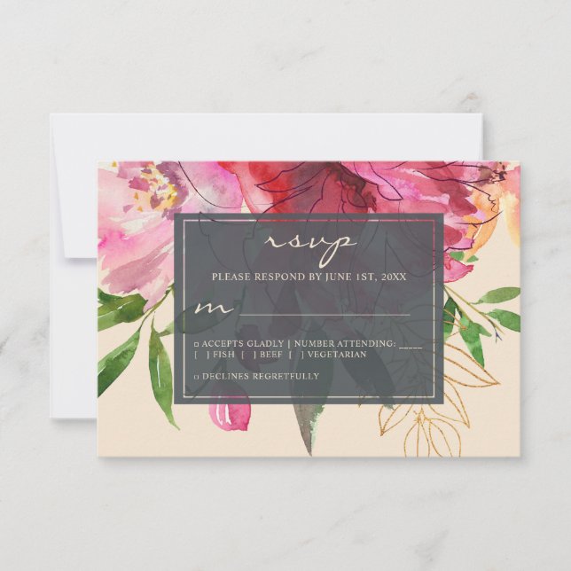 Ruby Pink Peony Ivory Floral Wedding RSVP Card (Front)