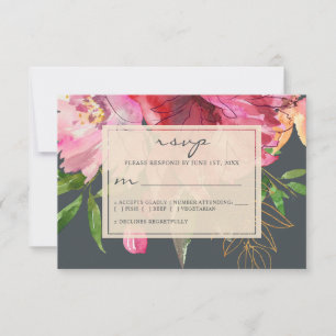 Ruby Pink Peony Ivory Floral Wedding RSVP Card