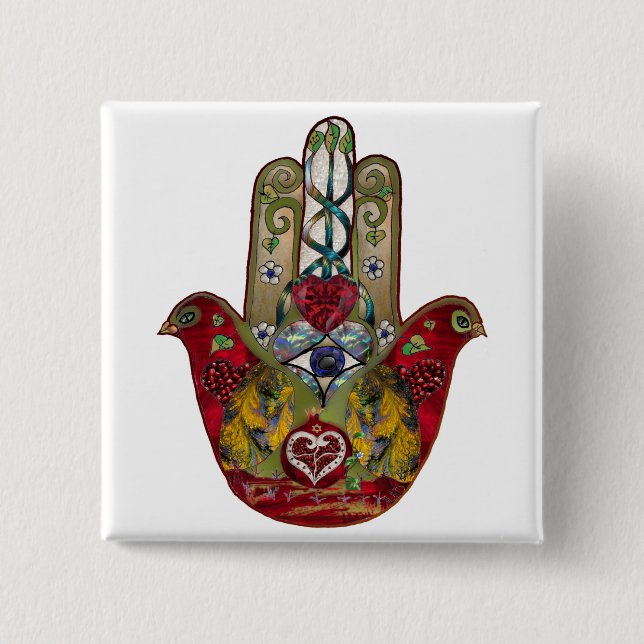 Ruby Pomegranate Heart Red Bird Hamsa 15 Cm Square Badge (Front)