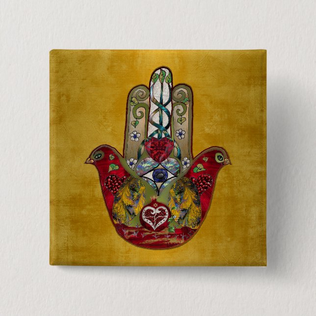 Ruby Pomegranate Heart Red Bird Hamsa 15 Cm Square Badge (Front)
