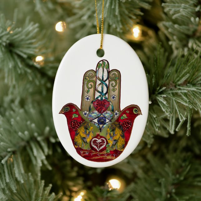 Ruby Pomegranate Heart Red Bird Hamsa Ceramic Tree Decoration (Tree)