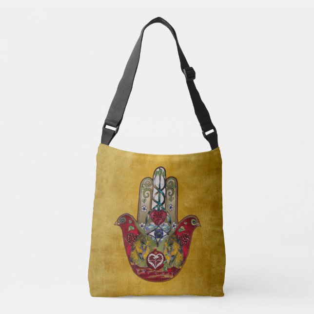 Ruby Pomegranate Heart Red Bird Hamsa Crossbody Bag (Front)