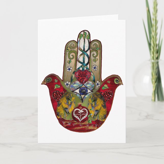 Ruby Pomegranate Heart Red Bird Hamsa Holiday Card (Front)