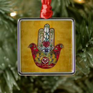 Ruby Pomegranate Heart Red Bird Hamsa Metal Tree Decoration