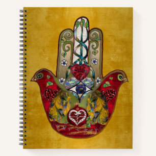 Ruby Pomegranate Heart Red Bird Hamsa Notebook