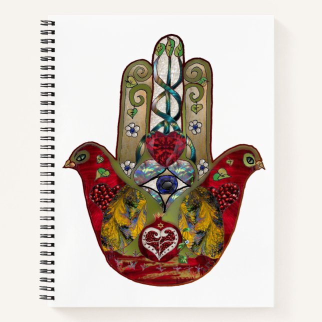Ruby Pomegranate Heart Red Bird Hamsa Notebook (Front)