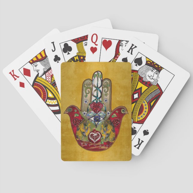 Ruby Pomegranate Heart Red Bird Hamsa Playing Cards (Back)