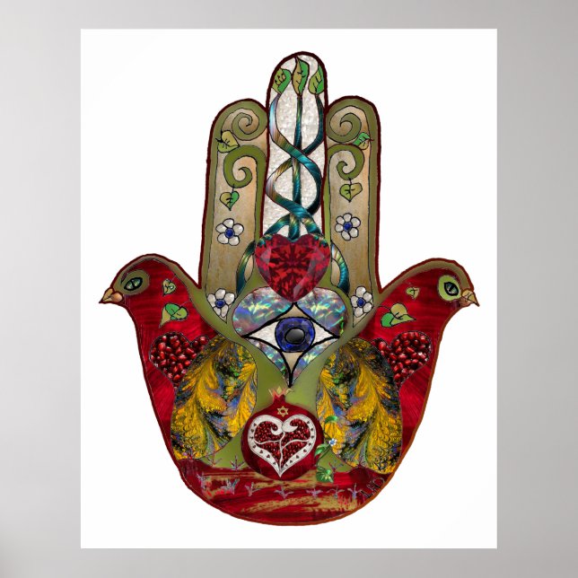 Ruby Pomegranate Heart Red Bird Hamsa Poster (Front)