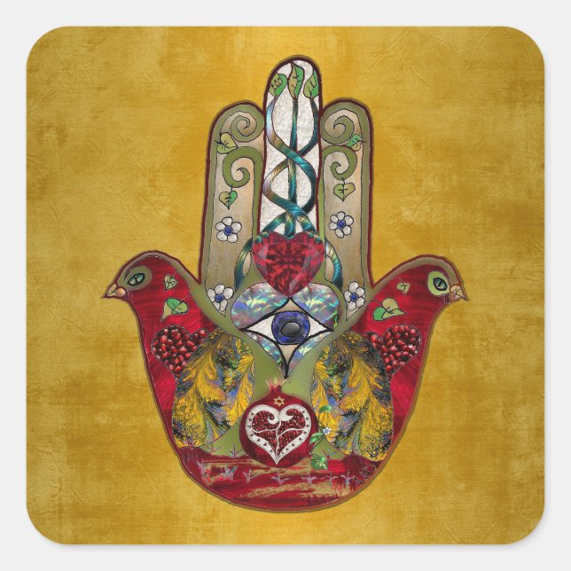Ruby Pomegranate Heart Red Bird Hamsa Square Sticker (Front)