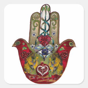 Ruby Pomegranate Heart Red Bird Hamsa Square Sticker