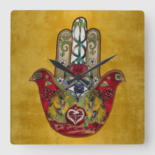Ruby Pomegranate Heart Red Bird Hamsa Square Wall Clock