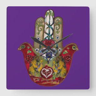 Ruby Pomegranate Heart Red Bird Hamsa Square Wall Clock