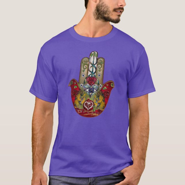 Ruby Pomegranate Heart Red Bird Hamsa T-Shirt (Front)