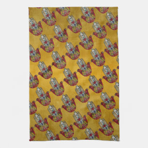 Ruby Pomegranate Heart Red Bird Hamsa Tea Towel