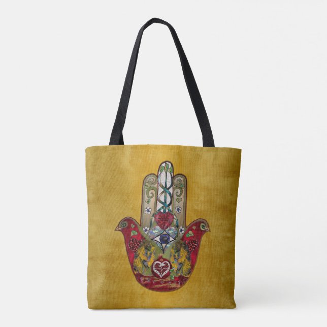Ruby Pomegranate Heart Red Bird Hamsa Tote Bag (Back)