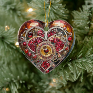 Ruby Pomegranate Heart Steampunk Series Ceramic Tree Decoration