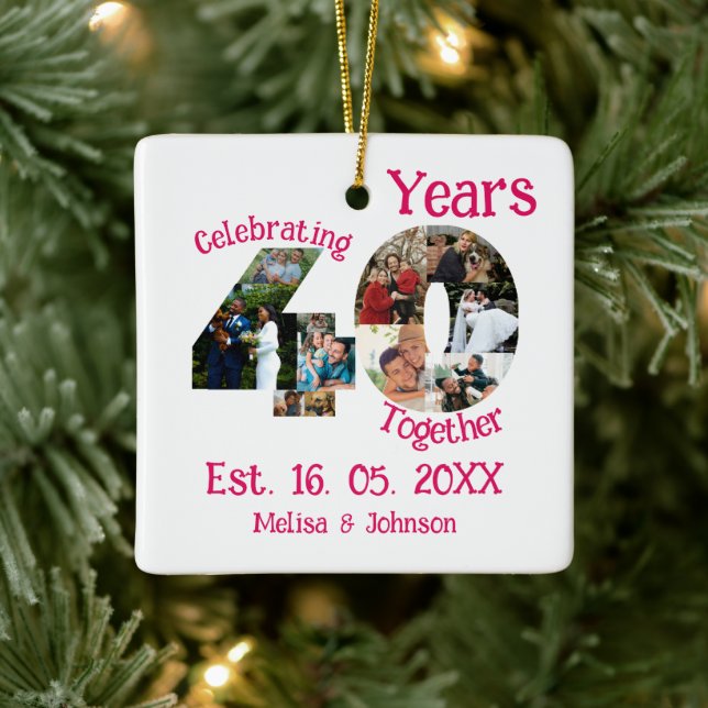 Ruby Red 40th Wedding Anniversary 11 Photo Collage Ceramic Ornament (Tree)