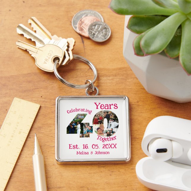 Ruby Red 40th Wedding Anniversary 11 Photo Collage Key Ring (Desk)