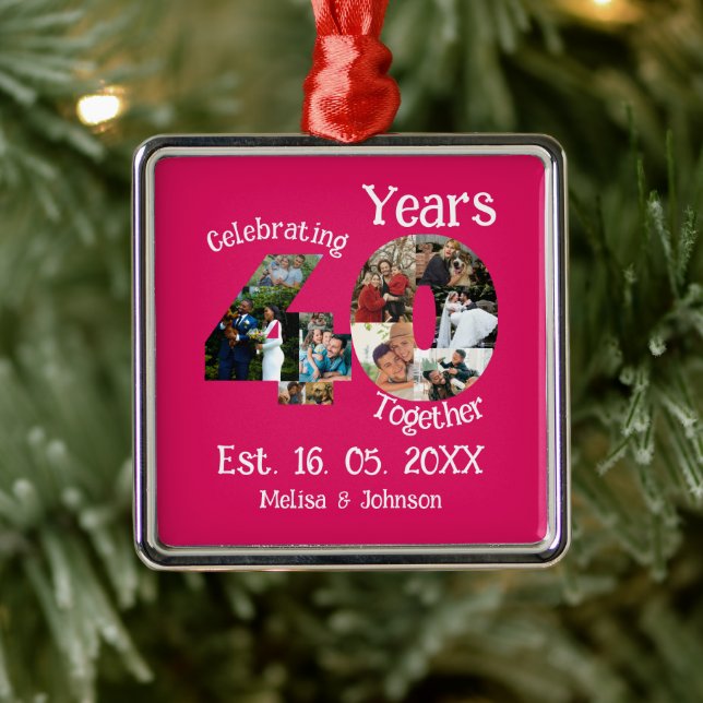 Ruby Red 40th Wedding Anniversary 11 Photo Collage Metal Tree Decoration (Tree)