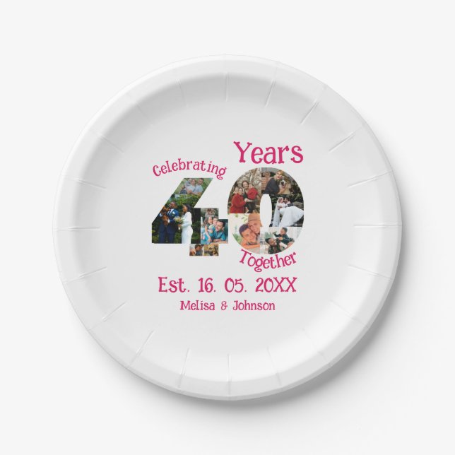 Ruby Red 40th Wedding Anniversary 11 Photo Collage Paper Plate (Front)