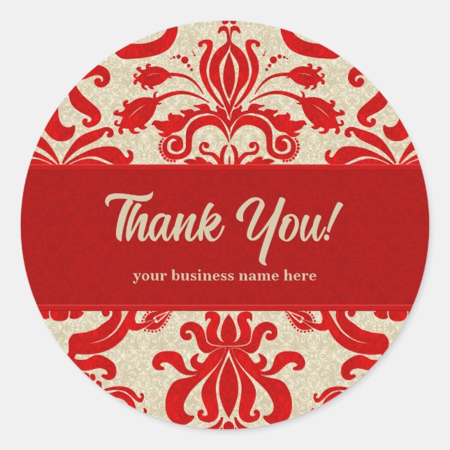 Ruby Red and Taupe Damask Perfect for Business Classic Round Sticker (Front)