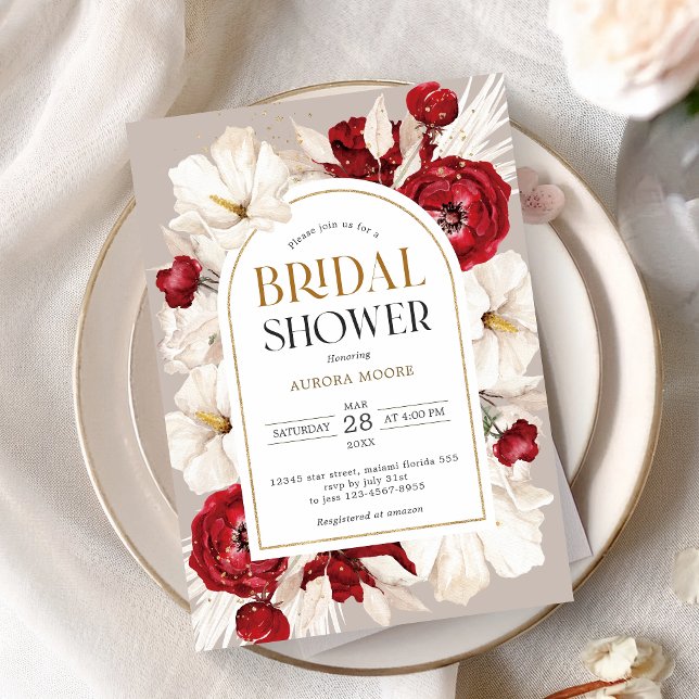 Ruby red and white floral Bridal shower Invitation (Creator Uploaded)