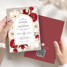 Ruby red and white floral Invitation with QR code