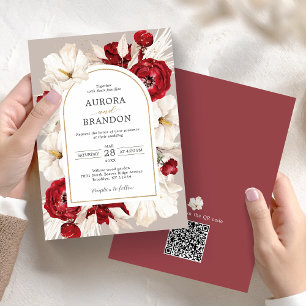Ruby red and white floral Invitation with QR code