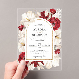 Ruby red and white floral wedding acrylic invitations