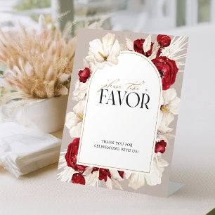 Ruby red and white floral wedding favours table pedestal sign