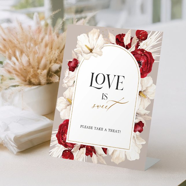 Ruby red and white floral wedding Love is sweet Pedestal Sign (Creator Uploaded)
