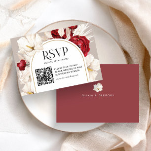 Ruby red and white floral wedding RSVP with QRcode