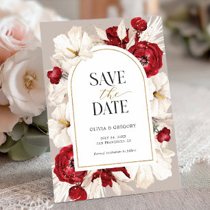 Ruby red and white floral wedding save the date