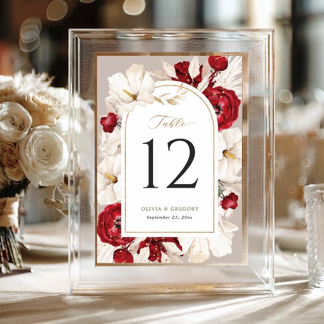 Ruby red and white floral wedding table number (Creator Uploaded)