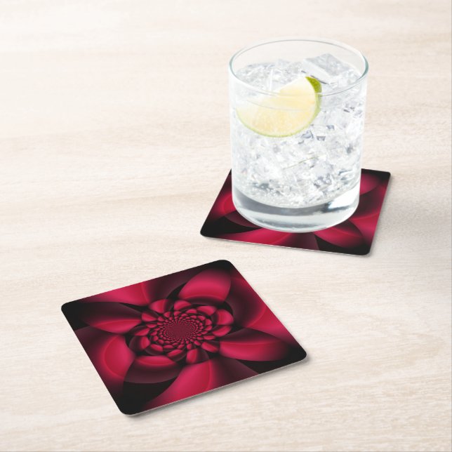 Ruby Red Black Petal Square Paper Coaster (Insitu)