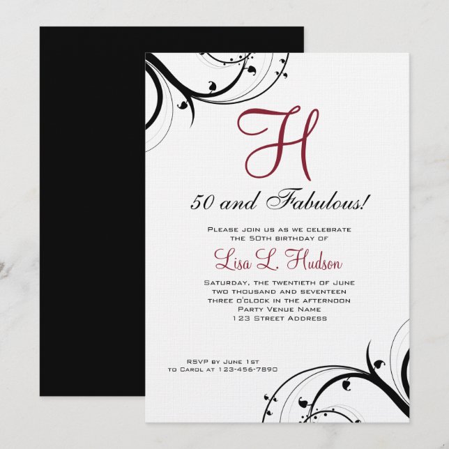Ruby Red Black White Swirls 50th Birthday Invitation (Front/Back)