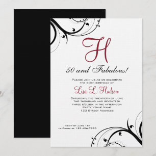 Ruby Red Black White Swirls 50th Birthday Invitation