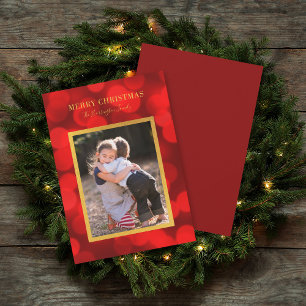 Ruby Red Bokeh Lights Faux Gold Merry Christmas Holiday Card