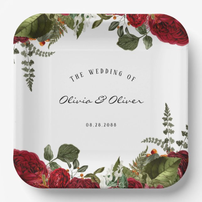 Ruby Red Botanical Peonies Wedding  Paper Plate (Front)