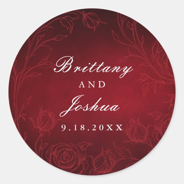 Ruby Red Botanical Rose Garden Wedding Classic Round Sticker (Front)