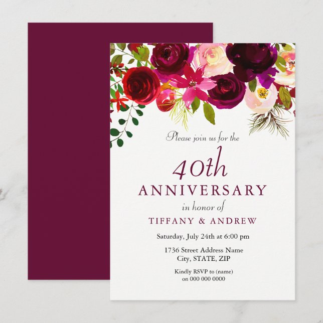 Ruby Red Burgundy Floral 40th Wedding Anniversary Invitation (Front/Back)